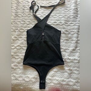 Women's Black Trendy Sexy Criss Cross Halter Neck Sleeveless Thong Bodysuits